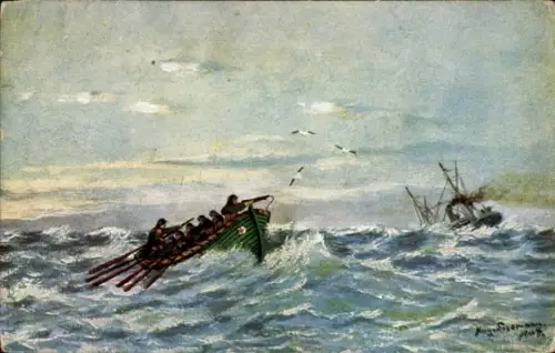 Künstler Ak Seenotrettung, Rettungsboot, Dampfer