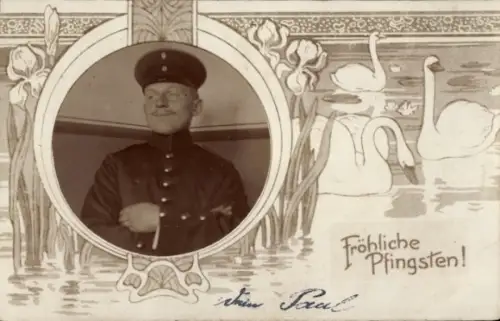 Passepartout Ak Glückwunsch Pfingsten, Schwäne, Deutscher Soldat in Uniform