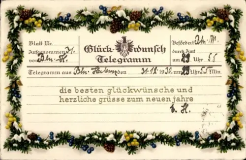 Ak Glückwunsch Neujahr, Telegramm, Tannenzweige