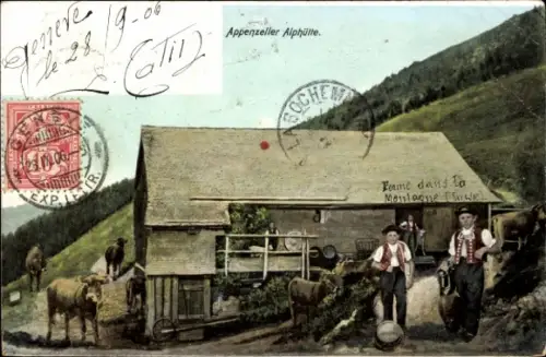 Ak Appenzeller Alphütte, Schweizer Senne in Trachten