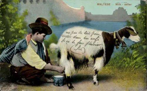 Ak Malta, Mann melkt eine Ziege, Milchverkäufer