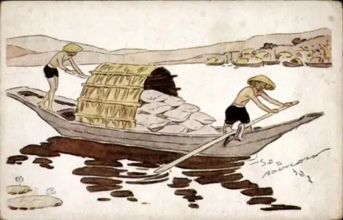 Künstler Ak Vietnam, Le Riz d'Indo Chine, Sampan charge de riz