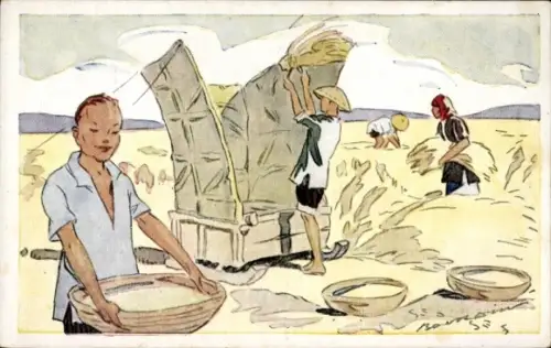Künstler Ak Vietnam, Le Riz d'Indo-Chine, Battage du riz