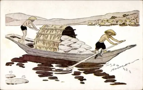 Künstler Ak Vietnam, Le Riz d'Indo Chine, Sampan charge de riz