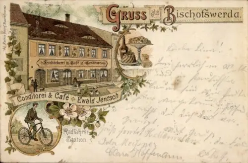 Litho Bischofswerda in Sachsen, Conditorei und Café Ewald Jentsch, Bäckerei, Radfahrerstation