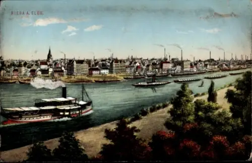 Ak Riesa an der Elbe Sachsen, Riesa an der Elbe, Schiffe, Stadtansicht, Heliocolorkarte