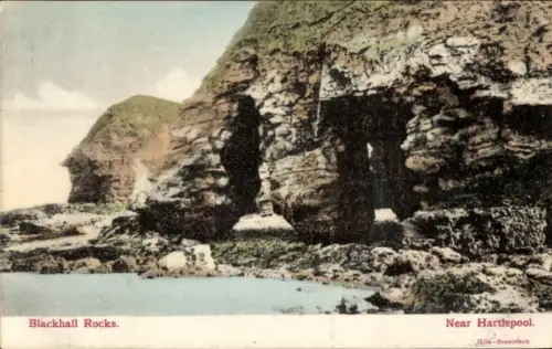 Ak Hartlepool Durham England, Felsenformation, Küstenlandschaft, Wasser, Text: Blackhall Rocks, N