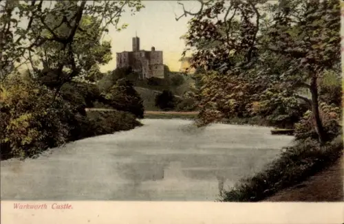 Ak Warkworth Northumberland England, Warkworth Castle, Fluss, Bäume, Landschaft