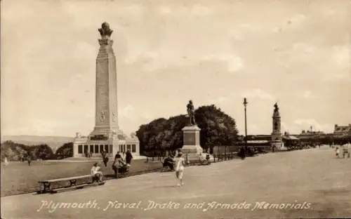 Ak Plymouth Devon England,  Naval, Drake und Armada Denkmäler, Monumente, Menschen, Bäume
