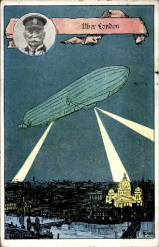 Künstler Ak Bahr, Graf Zeppelin, Porträt, Luftschiff über London