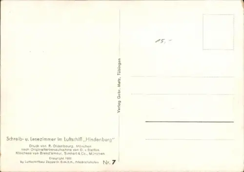 Ak Schreib- und Lesezimmer im Luftschiff Hindenburg, Zeppelin LZ 129, No. 7