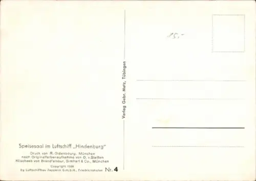 Ak Speisesaal im Luftschiff Hindenburg, Zeppelin, Innenansicht