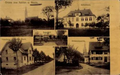 Ak Kehlen Meckenbeuren in Oberschwaben Württemberg, Reute, Schulhaus, Bahnhof, Zeppelin