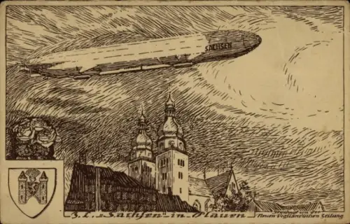 Künstler Ak Plauen im Vogtland, Zeppelin Sachsen über der Stadt, Luftschiff