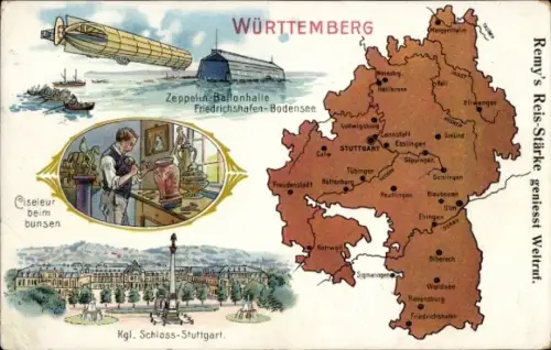 Landkarten Ak Stuttgart Baden Württemberg, Schloss, Zeppelin, Ziseleur, Remy's Reis Stärke