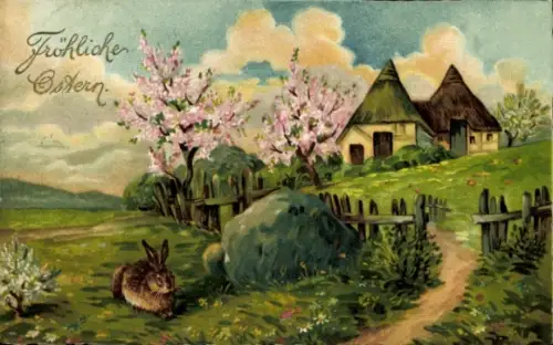 Ak Ostern, Landschaftsmotiv mit Hase