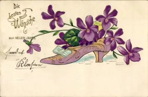 Präge Ak Neujahr, Damenschuh mit Veilchen