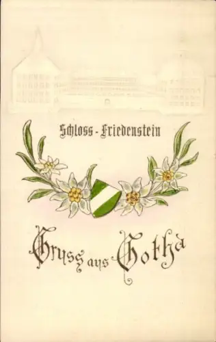 Präge Ak Gotha in Thüringen, Schloss Friedenstein, Blumen, Wappen