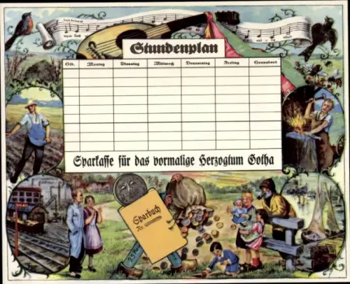 Stundenplan Sparkasse Herzogtum Gotha, Berufe Schmied, Bauer - Sparbuch um 1920