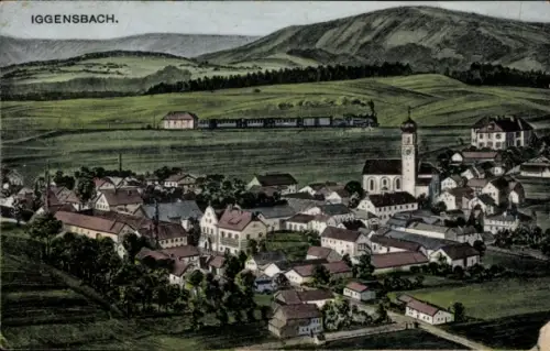 Ak Iggensbach Niederbayern, Landschaftsaufnahme von  dörfliche Architektur, Bahnhof, Kirche, H...