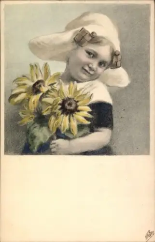 Künstler Ak Mädchen mit Sonnenblumen, Portrait