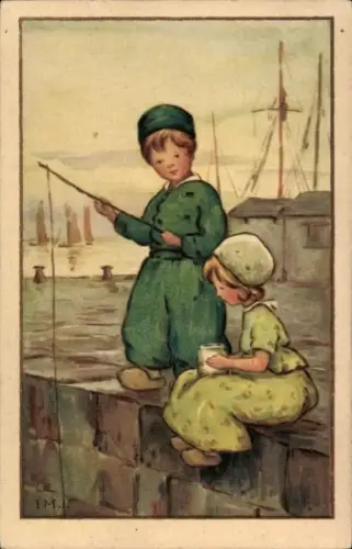 Künstler Ak IMJ, Kinder beim Angeln
