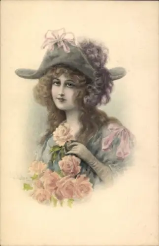 Künstler Ak Junge Frau mit Hut, Rosen