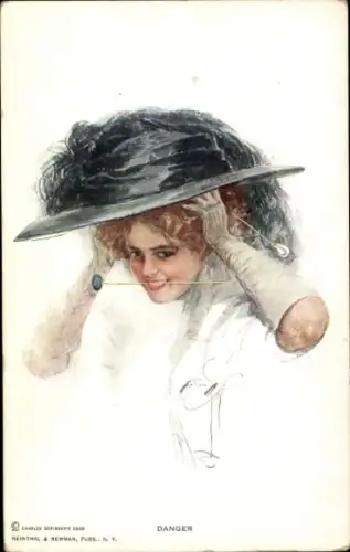Künstler Ak Junge Frau mit Hut, Portrait, Danger