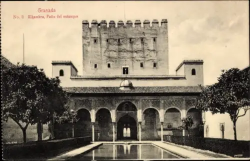 Ak Granada Andalusien Spanien, Alhambra, Patio del estanque,  Schwarz-Weiß-Foto