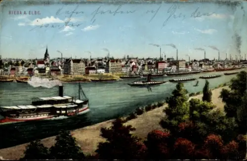 Ak Riesa an der Elbe Sachsen, Stadtansicht, Riesa an der Elbe, Schiffe auf dem Wasser, Industriea