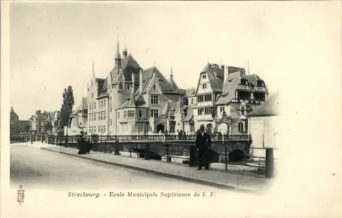 Ak Strasbourg Straßburg Elsass Bas Rhin, Ecole Municipale Supérieure de J. F.,  Gebäude, Straße, 