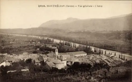 Ak Montmelian Savoie,  Savoie, allgemeine Ansicht, Fluss Isère, Berge im Hintergrund