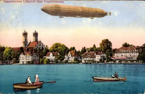 Ak Friedrichshafen am Bodensee, Teilansicht, Zeppelin über der Stadt