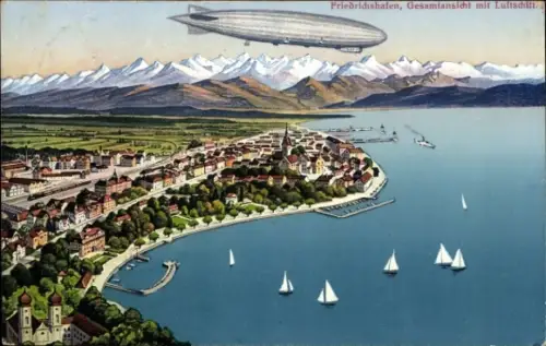 Ak Friedrichshafen am Bodensee, Gesamtansicht, Zeppelin, Luftbild