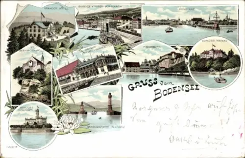 Litho Konstanz am Bodensee, Pfänder Hotel, Bahnhof, Schloss Mainau, Schloss Monfort