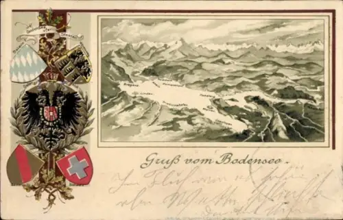 Präge Wappen Landkarten Litho Friedrichshafen am Bodensee, Ländereck