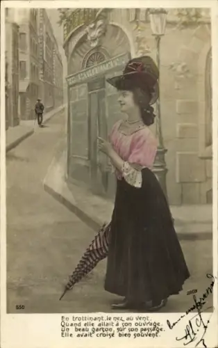 Ak Junge Frau mit Schirm, Straßenszene, Gedicht, coloriert