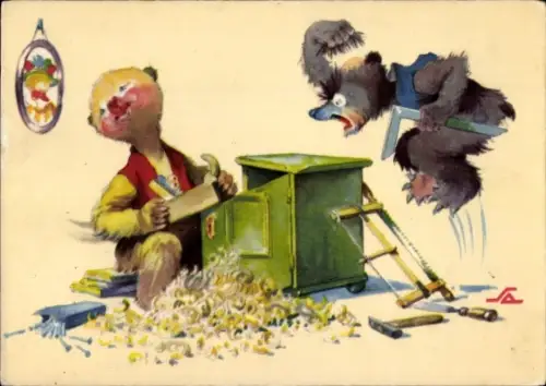 Künstler Ak Salac, Bär beim Hobeln eines Schrankes