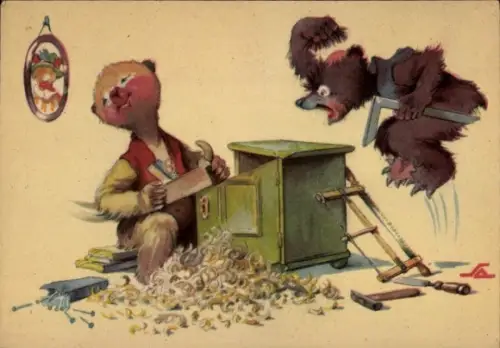 Künstler Ak Salac, Bär beim Hobeln eines Schrankes