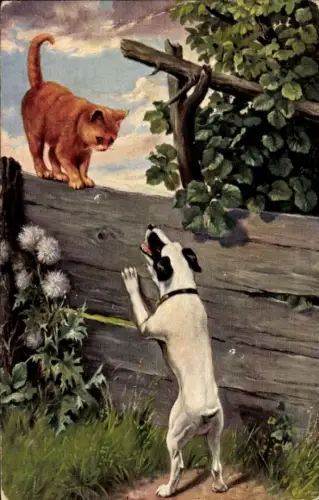 Künstler Ak Katze auf einem Holzzaun, Hund