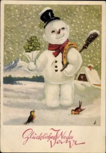 Ak Neujahr, Schneemann, Kleeblätter, Vögel
