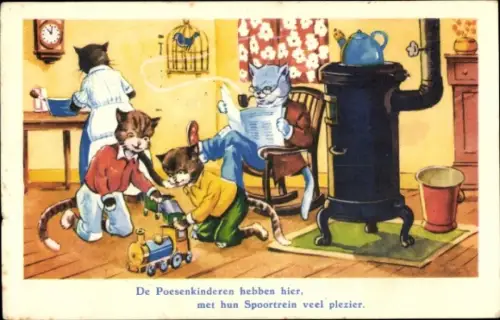 Ak Vermenschlichte Katzen, Wohnstube, Spielzeugeisenbahn, Ofen