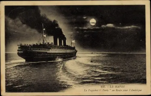 Ak Le Havre, Passagierdampfer Paris auf dem Weg nach Amerika, Mondschein