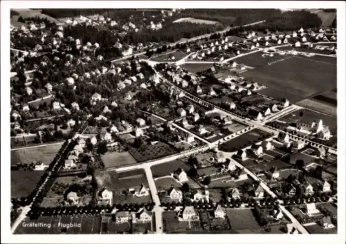 Ak Gräfelfing in Oberbayern, Luftaufnahme von  Wohngebiete, Straßen, Bäume