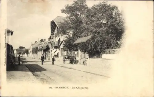 Ak Barbizon Seine et Marne, Straßenansicht, Gebäude, Bäume, Personen, Pferd, Wagen