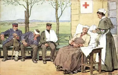 Ak Krankenschwester pflegt verwundete Soldaten, Rotes Kreuz Königreich Sachsen