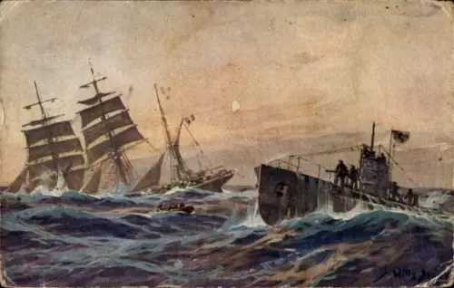 Künstler Ak Stöwer, Willy, Deutsches U Boot versenkt französische Bark, Atlantik, U-Boot Spende 1917