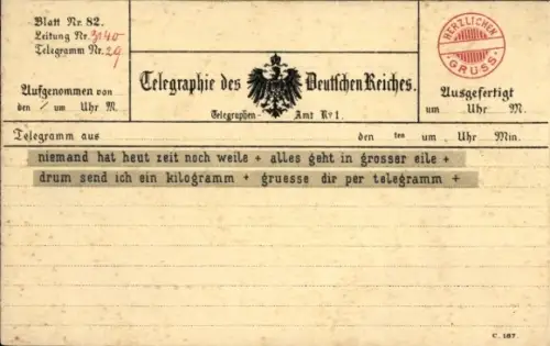 Ak Herzlichen Gruß, Nachricht, Telegraphie des Deutschen Reiches, Telegramm