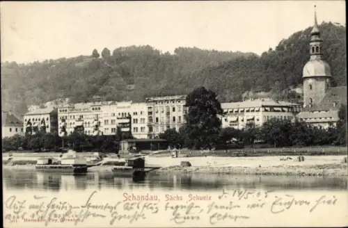 Ak Bad Schandau Sächsische Schweiz,  Sächsische Schweiz, Fluss, Gebäude, Kirche, 