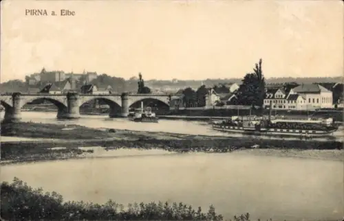 Ak Pirna an der Elbe, Flusslandschaft, Brücke, Schiffe, Stadtansicht, Elbe